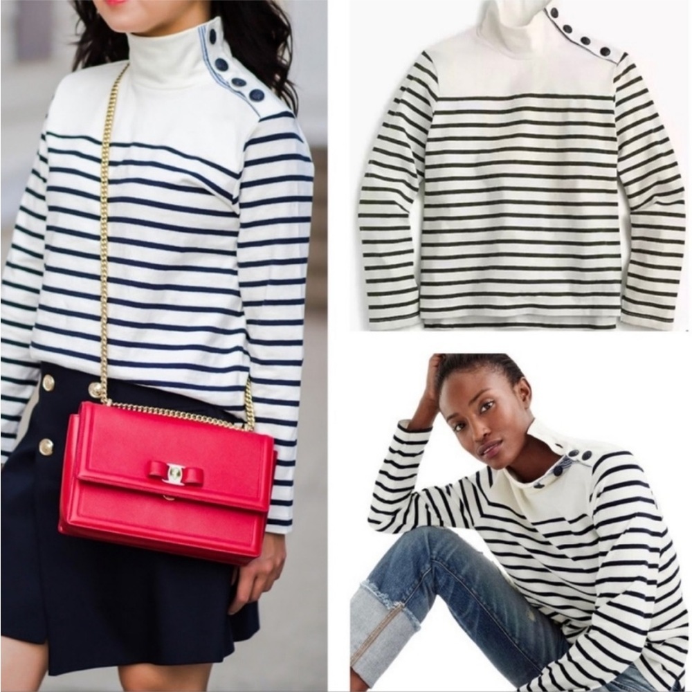 J.CREW NAUTICAL HUNTER GREEN STRIPED MOCK NECK PULLOVER COTTON SWEATER SIZE MED